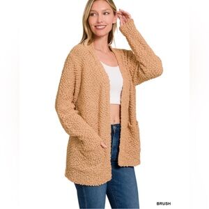 Zenana Outfitters Brush Popcorn Knit Open-Front Cardigan in Camel Tan